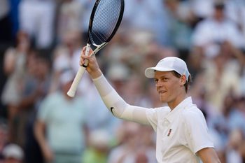Jul 11, 2025; Wimbledon, United Kingdom; Jannik Sinner of Italy celebrates winning his match against Novak Djokovic of Serbia on day 12 at All England Lawn Tennis and Croquet Club. Mandatory Credit: Susan Mullane-Imagn Images