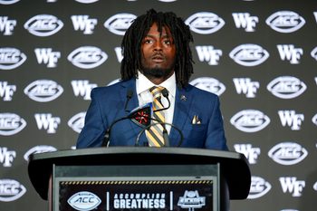 Jul 23, 2025; Charlotte, NC, USA; Wake Forest running back Demond Claiborne answers questions from the media during ACC Media days at Hilton Charlotte Uptown. Mandatory Credit: Jim Dedmon-Imagn Images