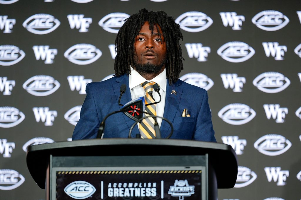 Jul 23, 2025; Charlotte, NC, USA; Wake Forest running back Demond Claiborne answers questions from the media during ACC Media days at Hilton Charlotte Uptown. Mandatory Credit: Jim Dedmon-Imagn Images