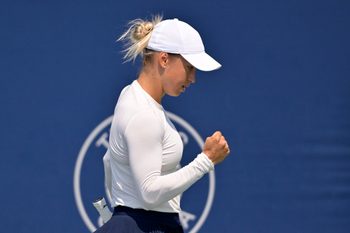Jul 28, 2025; Montreal, QC, Canada; Yulia Putintseva (KAZ) reacts after a point against Hanyu Guo (CHN) in first round play at IGA Stadium. Mandatory Credit: Eric Bolte-Imagn Images