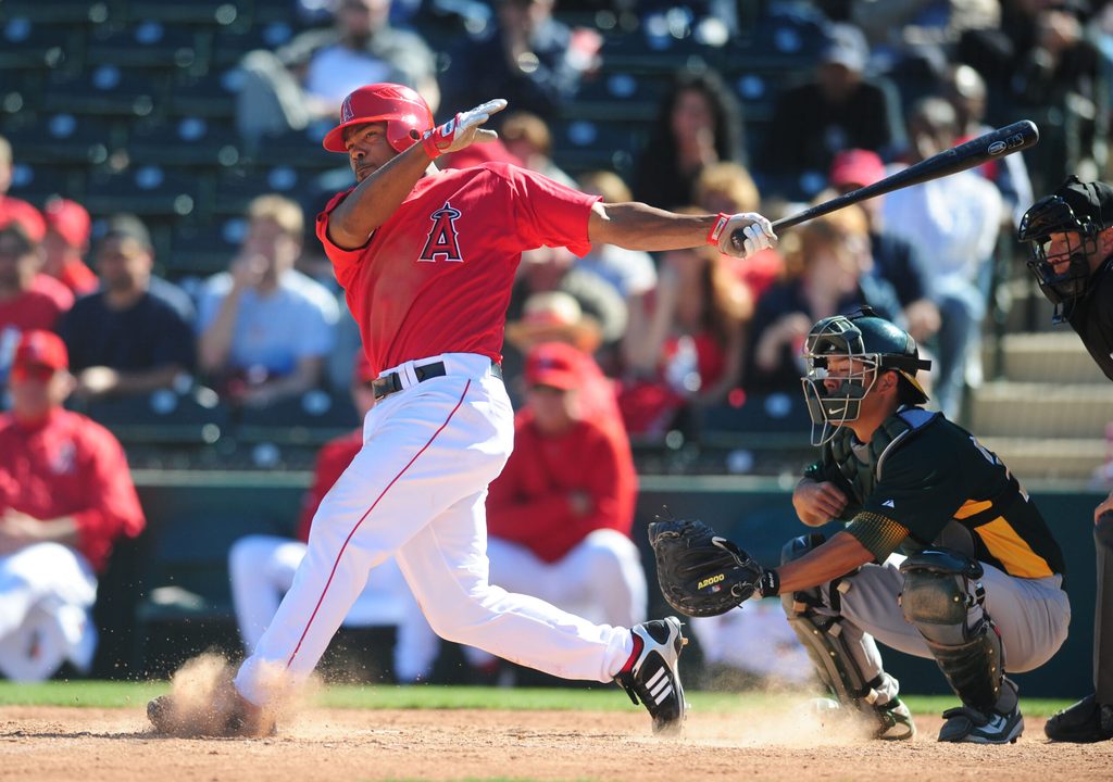 Mar 3, 2008; Tempe, AZ, USA; Los Angeles Angels infielder Howie Kendrick against the Oakland Athletics at Tempe Diablo Stadium. Mandatory Credit: Mark J. Rebilas-Imagn Images