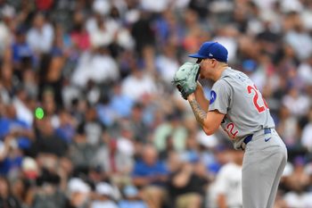 Jul 26, 2025; Chicago, Illinois, USA; Chicago Cubs starting pitcher Cade Horton (22) prepares to pitch during the third inning against the Chicago White Sox at Rate Field. Mandatory Credit: Patrick Gorski-Imagn Images