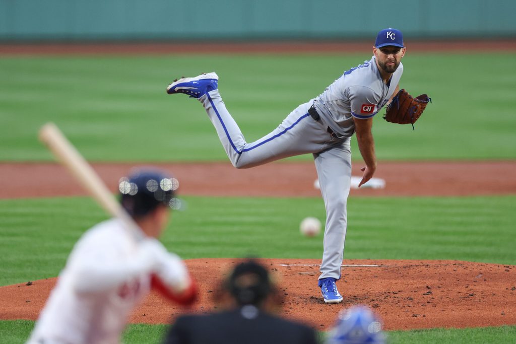 Aug 6, 2025; Boston, Massachusetts, USA; Kansas City Royals starting pitcher Michael Wacha (52) delivers a pitch during the first inning against the Boston Red Sox at Fenway Park. Mandatory Credit: Paul Rutherford-Imagn Images