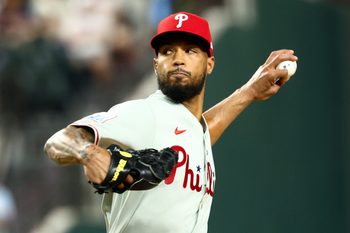 Aug 8, 2025; Arlington, Texas, USA;  Philadelphia Phillies starting pitcher Cristopher Sanchez (61) throws during the fifth inning against the Texas Rangers at Globe Life Field. Mandatory Credit: Kevin Jairaj-Imagn Images