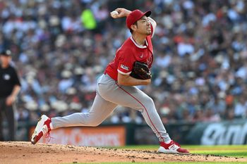 Aug 9, 2025; Detroit, Michigan, USA;  Los Angeles Angels starting pitcher Yusei Kikuchi (16) throws a pitch against the Detroit Tigers in the second  inning at Comerica Park. Mandatory Credit: Lon Horwedel-Imagn Images