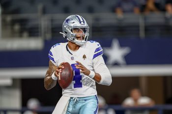 Aug 16, 2025; Arlington, Texas, USA;  Dallas Cowboys quarterback Dak Prescott (4) warms up before the game against the Baltimore Ravens at AT&T Stadium. Mandatory Credit: Kevin Jairaj-Imagn Images