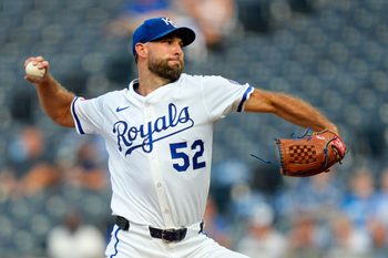 Aug 18, 2025; Kansas City, Missouri, USA; Kansas City Royals starting pitcher Michael Wacha (52) pitches during the first inning against the Texas Rangers at Kauffman Stadium. Mandatory Credit: Jay Biggerstaff-Imagn Images