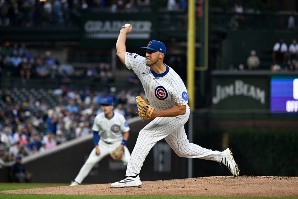 Aug 19, 2025; Chicago, Illinois, USA; Chicago Cubs pitcher Jameson Taillon (50) delivers during the first inning against the Milwaukee Brewers at Wrigley Field. Mandatory Credit: Matt Marton-Imagn Images