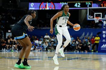 Aug 19, 2025; Chicago, Illinois, USA; Seattle Storm forward Nneka Ogwumike (3) brings the ball up court against the Chicago Sky during the second half at Wintrust Arena. Mandatory Credit: Kamil Krzaczynski-Imagn Images