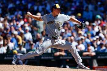 Aug 21, 2025; Chicago, Illinois, USA; Milwaukee Brewers starting pitcher Quinn Priester (46) delivers a pitch against the Chicago Cubs during the fifth inning at Wrigley Field. Mandatory Credit: Kamil Krzaczynski-Imagn Images