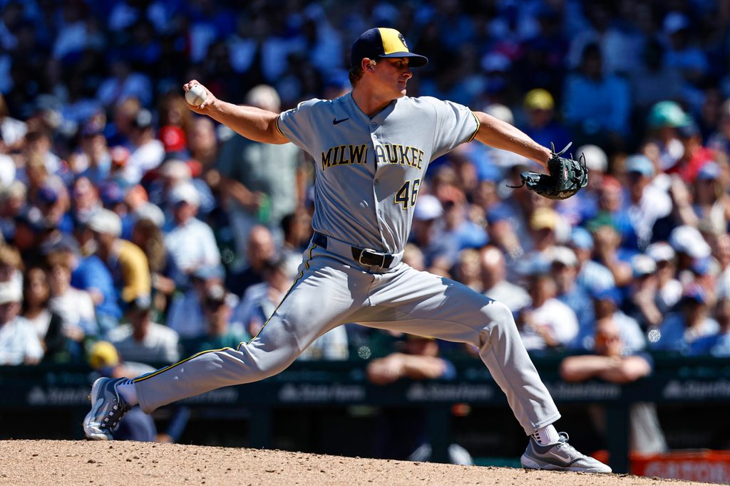 Aug 21, 2025; Chicago, Illinois, USA; Milwaukee Brewers starting pitcher Quinn Priester (46) delivers a pitch against the Chicago Cubs during the fifth inning at Wrigley Field. Mandatory Credit: Kamil Krzaczynski-Imagn Images