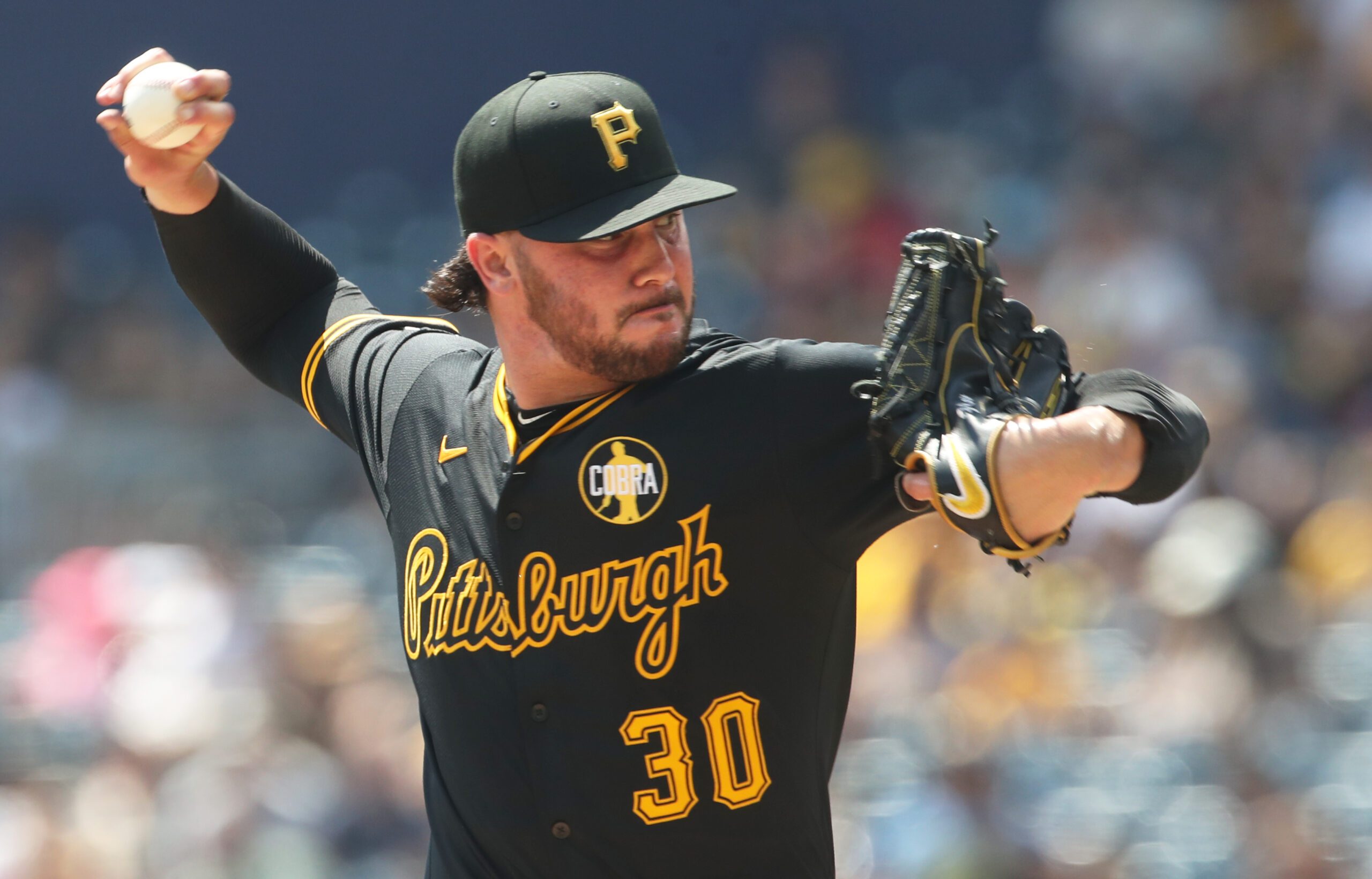 Aug 24, 2025; Pittsburgh, Pennsylvania, USA;  Pittsburgh Pirates starting pitcher Paul Skenes (30) pitches the Colorado Rockies during the second inning at PNC Park. Mandatory Credit: Charles LeClaire-Imagn Images