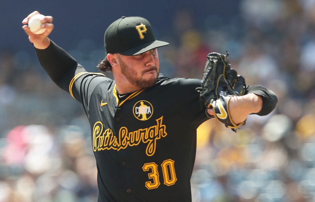 Aug 24, 2025; Pittsburgh, Pennsylvania, USA; Pittsburgh Pirates starting pitcher Paul Skenes (30) pitches the Colorado Rockies during the second inning at PNC Park. Mandatory Credit: Charles LeClaire-Imagn Images