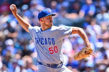 Aug 24, 2025; Anaheim, California, USA; Chicago Cubs starting pitcher Jameson Taillon (50) throws a pitch against the Los Angeles Angels during the first inning at Angel Stadium. Mandatory Credit: Jonathan Hui-Imagn Images