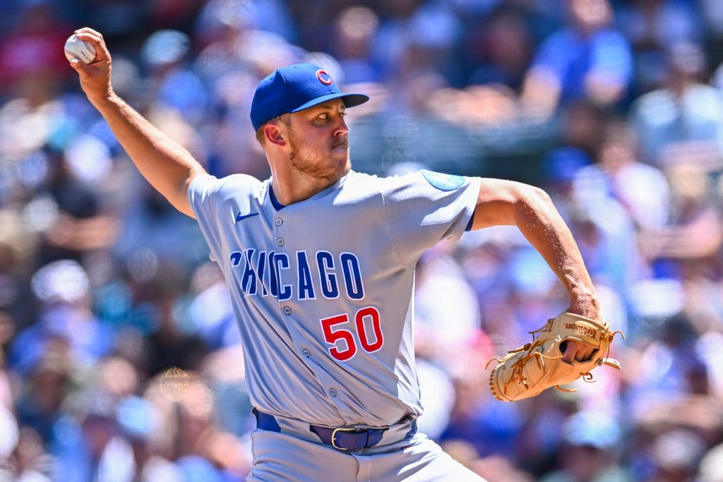 Aug 24, 2025; Anaheim, California, USA; Chicago Cubs starting pitcher Jameson Taillon (50) throws a pitch against the Los Angeles Angels during the first inning at Angel Stadium. Mandatory Credit: Jonathan Hui-Imagn Images