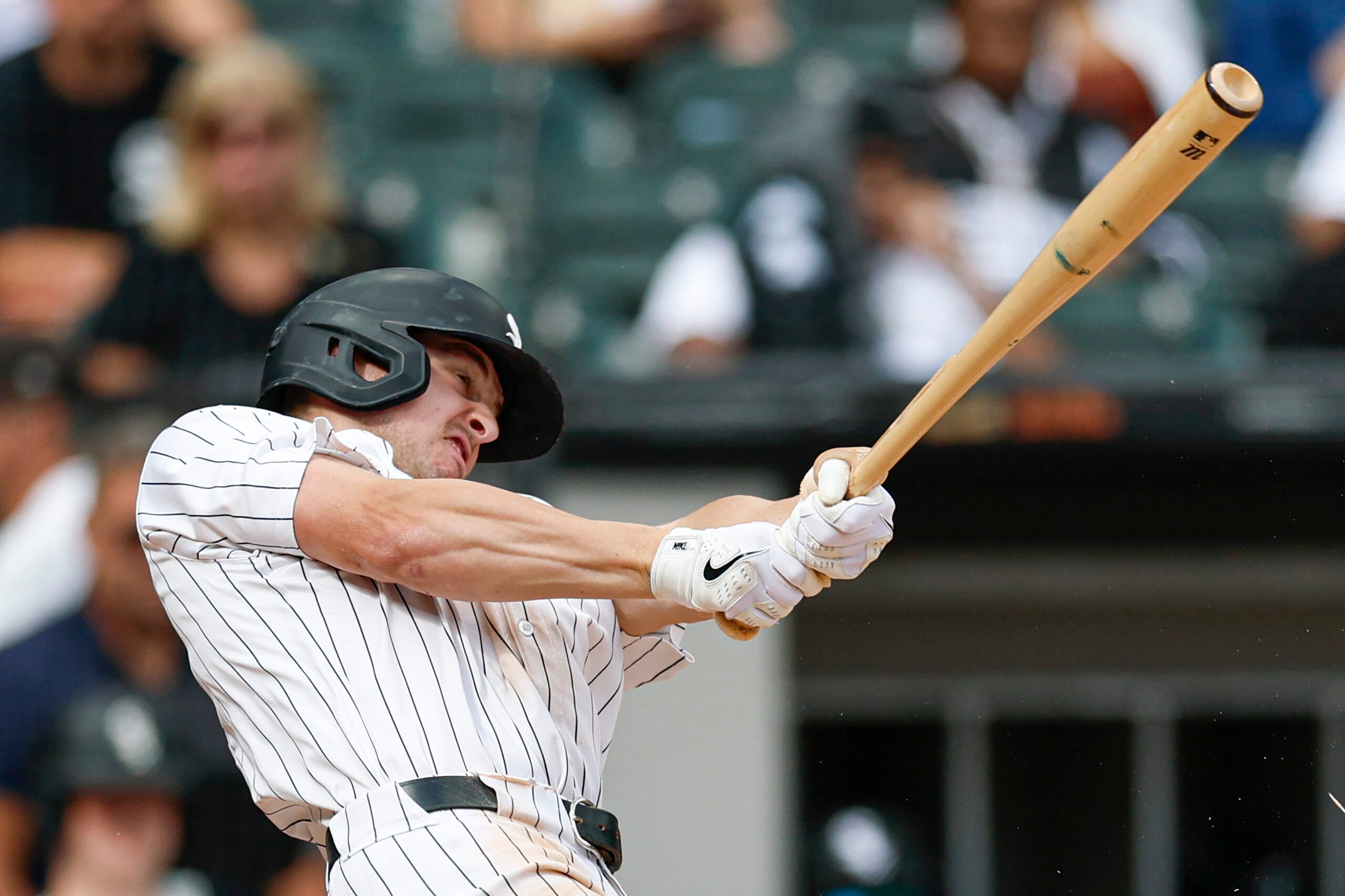Aug 24, 2025; Chicago, Illinois, USA; Chicago White Sox shortstop Colson Montgomery (12) bats against the Minnesota Twins during the seventh inning at Rate Field. Mandatory Credit: Kamil Krzaczynski-Imagn Images