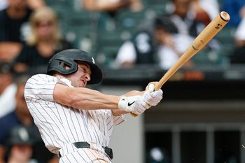 Aug 24, 2025; Chicago, Illinois, USA; Chicago White Sox shortstop Colson Montgomery (12) bats against the Minnesota Twins during the seventh inning at Rate Field. Mandatory Credit: Kamil Krzaczynski-Imagn Images