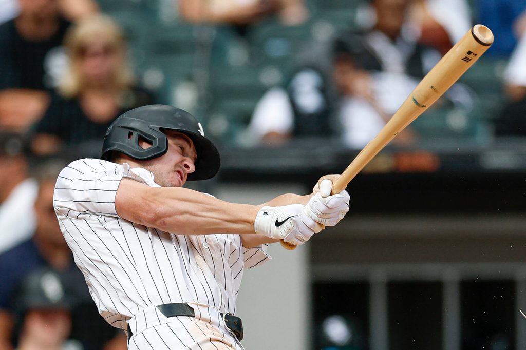 Aug 24, 2025; Chicago, Illinois, USA; Chicago White Sox shortstop Colson Montgomery (12) bats against the Minnesota Twins during the seventh inning at Rate Field. Mandatory Credit: Kamil Krzaczynski-Imagn Images
