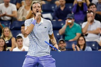 Aug 24, 2025; Flushing, NY, USA; Daniil Medvedev gestures towards his player's box after losing a point against Benjamin Bonzi (FRA)(R) on day one of the 2025 US Open at USTA Billie Jean King National Tennis Center. Mandatory Credit: Geoff Burke-Imagn Images