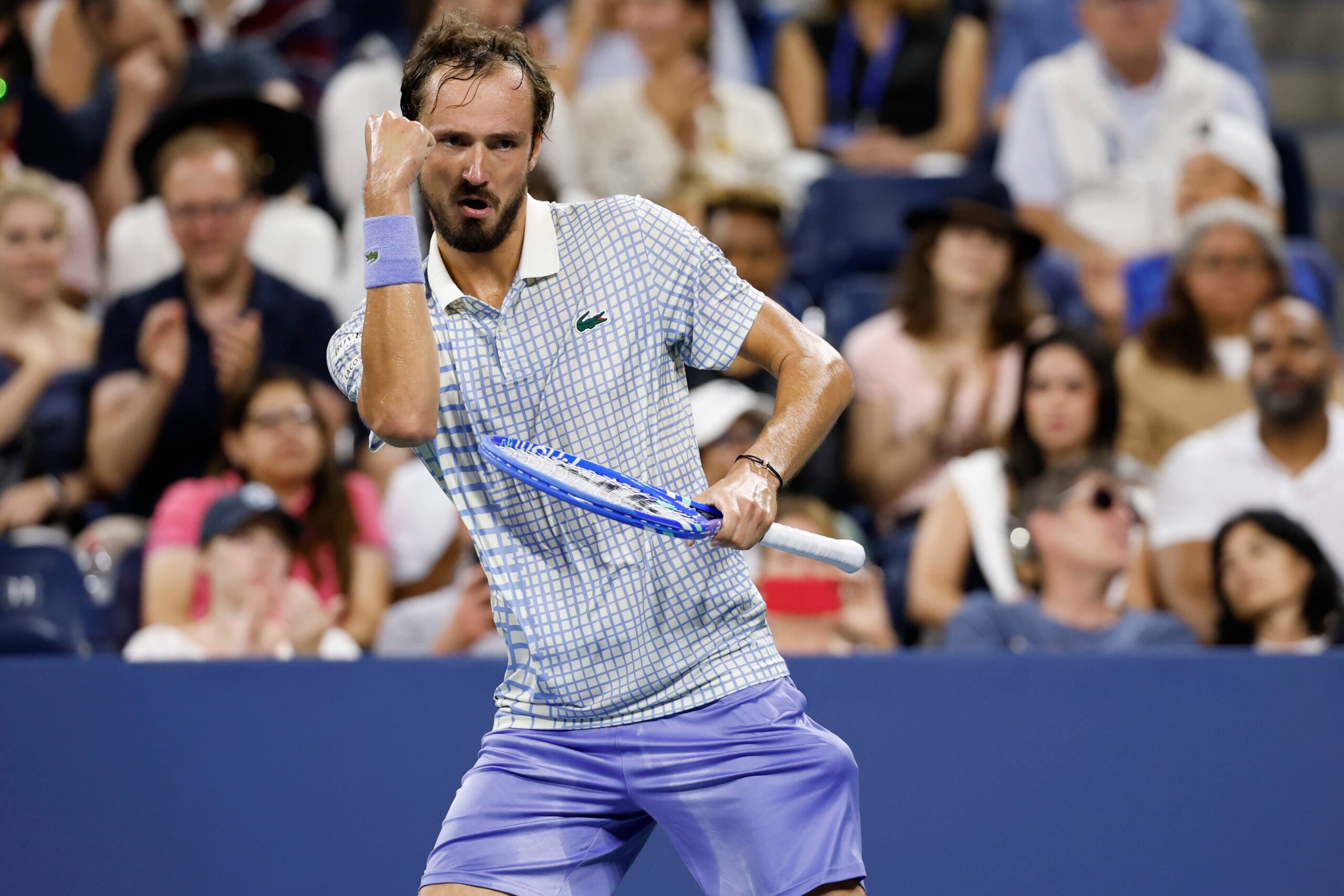 Aug 24, 2025; Flushing, NY, USA; Daniil Medvedev gestures towards his player's box after losing a point against Benjamin Bonzi (FRA)(R) on day one of the 2025 US Open at USTA Billie Jean King National Tennis Center. Mandatory Credit: Geoff Burke-Imagn Images