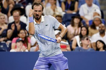 Aug 24, 2025; Flushing, NY, USA; Daniil Medvedev gestures towards his player's box after losing a point against Benjamin Bonzi (FRA)(R) on day one of the 2025 US Open at USTA Billie Jean King National Tennis Center. Mandatory Credit: Geoff Burke-Imagn Images