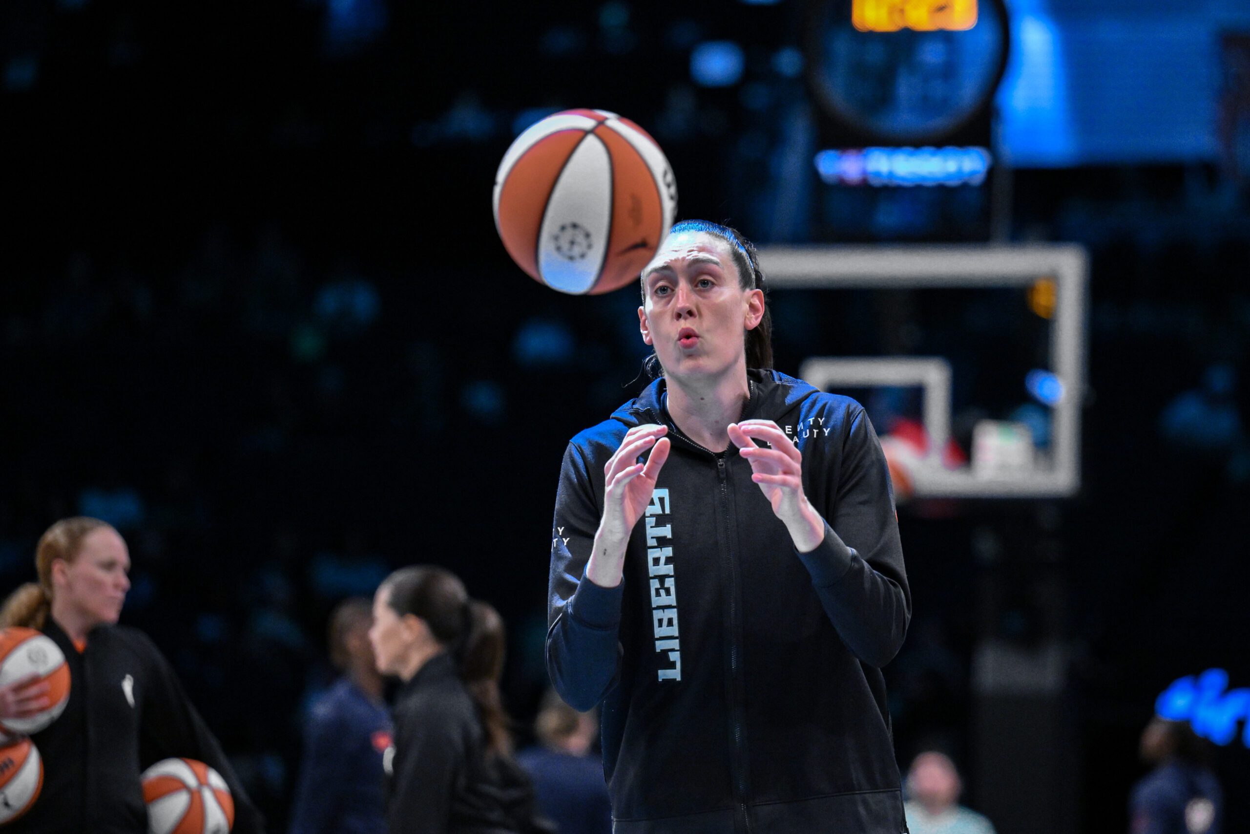 Aug 25, 2025; Brooklyn, New York, USA; New York Liberty forward Breanna Stewart (30) warms up before a game against the Connecticut Sun at Barclays Center. Mandatory Credit: John Jones-Imagn Images
