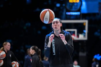 Aug 25, 2025; Brooklyn, New York, USA; New York Liberty forward Breanna Stewart (30) warms up before a game against the Connecticut Sun at Barclays Center. Mandatory Credit: John Jones-Imagn Images
