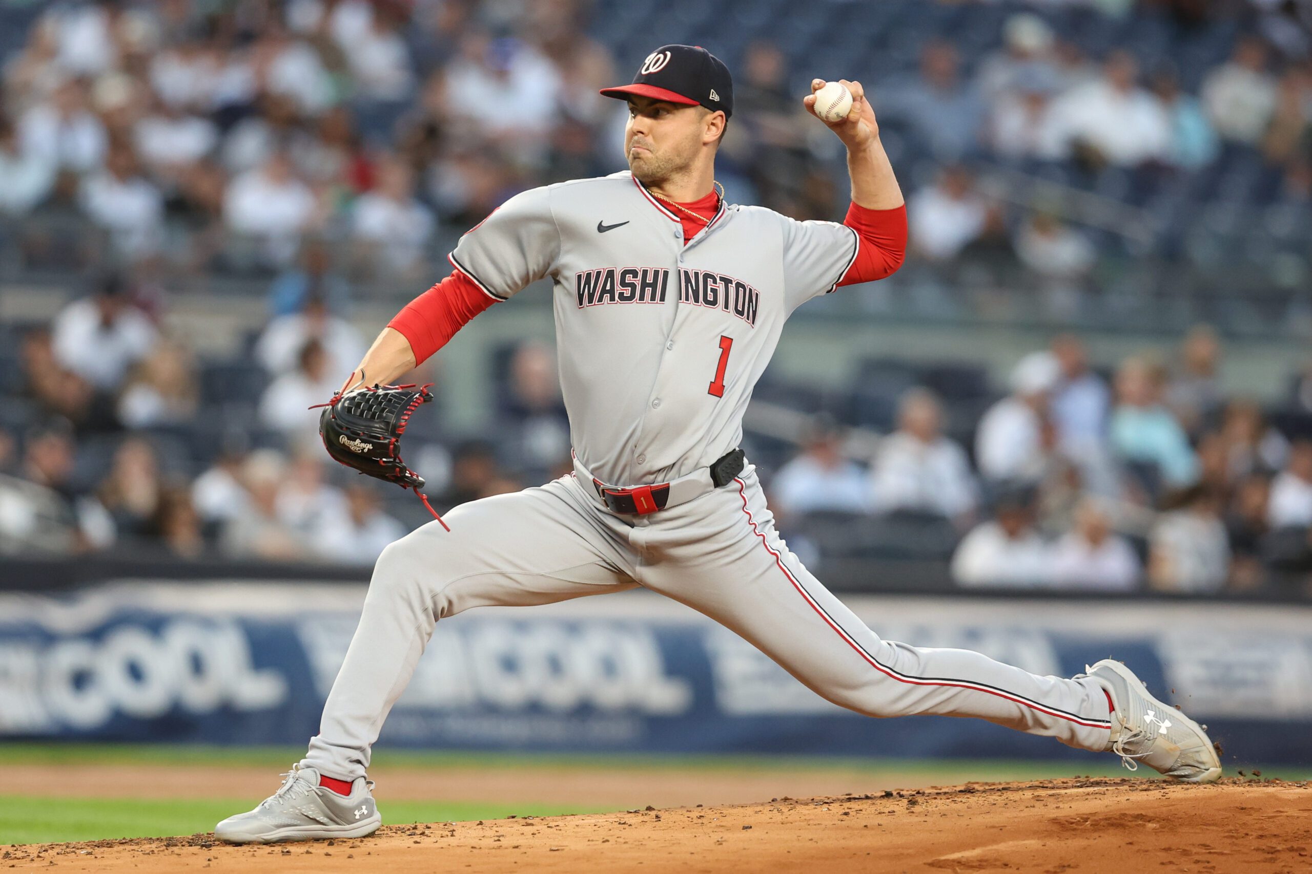 Aug 26, 2025; Bronx, New York, USA; Washington Nationals starting pitcher MacKenzie Gore (1) pitches in the first inning against the New York Yankees at Yankee Stadium. Mandatory Credit: Wendell Cruz-Imagn Images