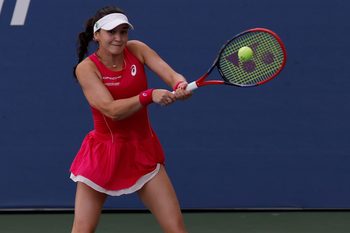 Aug 26, 2025; Flushing, NY, USA; Eva Lys (GER) hits a backhand against Francesca Jones (GBR) (not pictured) on day three of the 2025 US Open tennis tournament at Billie Jean King USTA National Tennis Center. Mandatory Credit: Geoff Burke-Imagn Images