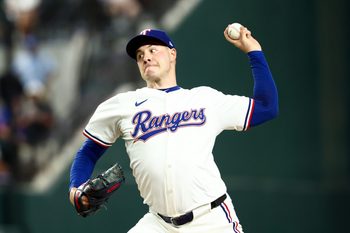 Aug 26, 2025; Arlington, Texas, USA; Texas Rangers starting pitcher Patrick Corbin (46) throws during the first inning against the Los Angeles Angels at Globe Life Field. Mandatory Credit: Kevin Jairaj-Imagn Images
