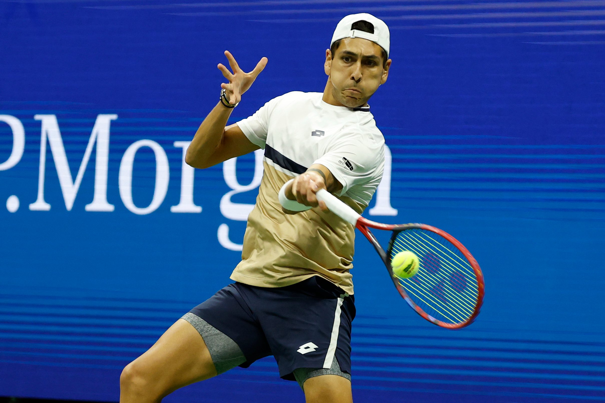 Aug 26, 2025; Flushing, NY, USA; Alejandro Tabilo (CHI) hits a forehand against Alexander Zverev (GER) (not pictured) on day three of the 2025 U.S. Open tennis tournament at the USTA Billie Jean King National Tennis Center at Billie Jean King National Tennis Center. Mandatory Credit: Amber Searls-Imagn Images