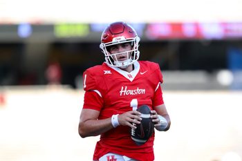 Aug 28, 2025; Houston, Texas, USA; Houston Cougars quarterback Conner Weigman (1) warms up before the game against the Stephen F. Austin Lumberjacks at TDECU Stadium. Mandatory Credit: Troy Taormina-Imagn Images
