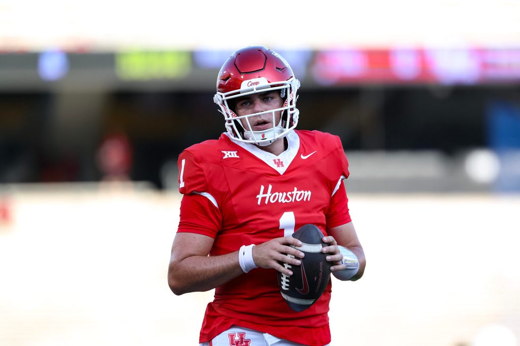 Aug 28, 2025; Houston, Texas, USA; Houston Cougars quarterback Conner Weigman (1) warms up before the game against the Stephen F. Austin Lumberjacks at TDECU Stadium. Mandatory Credit: Troy Taormina-Imagn Images