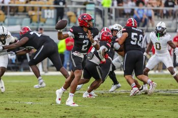 Aug 28, 2025; Orlando, Florida, USA; Jacksonville State Gamecocks quarterback Gavin Wimsatt (2) passes the ball during the first quarter against the UCF Knights at Acrisure Bounce House. Mandatory Credit: Mike Watters-Imagn Images