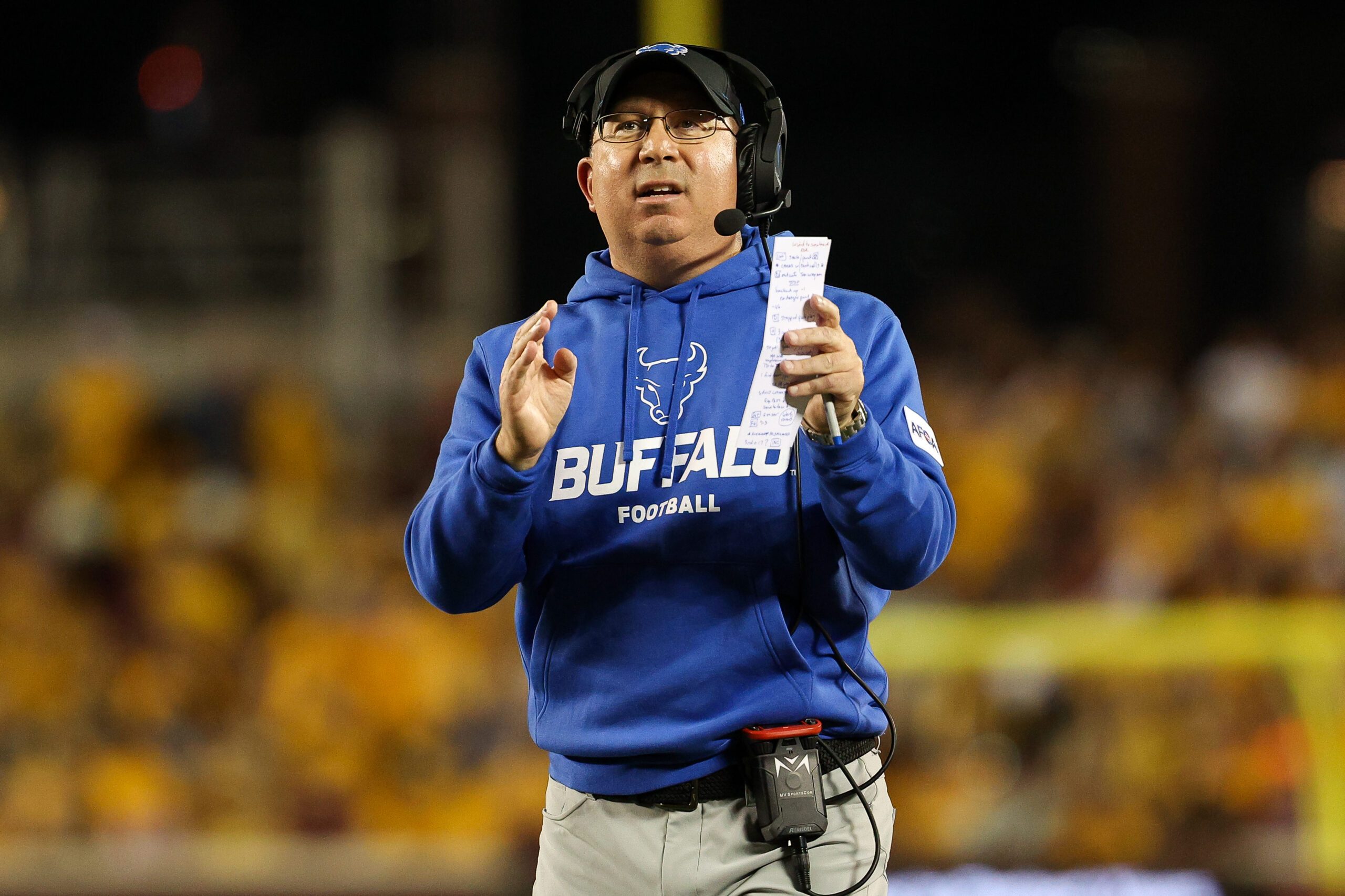 Aug 28, 2025; Minneapolis, Minnesota, USA; Buffalo Bulls head coach Pete Lembo looks on during the first half of the game against the Minnesota Golden Gophers at Huntington Bank Stadium. Mandatory Credit: Matt Krohn-Imagn Images