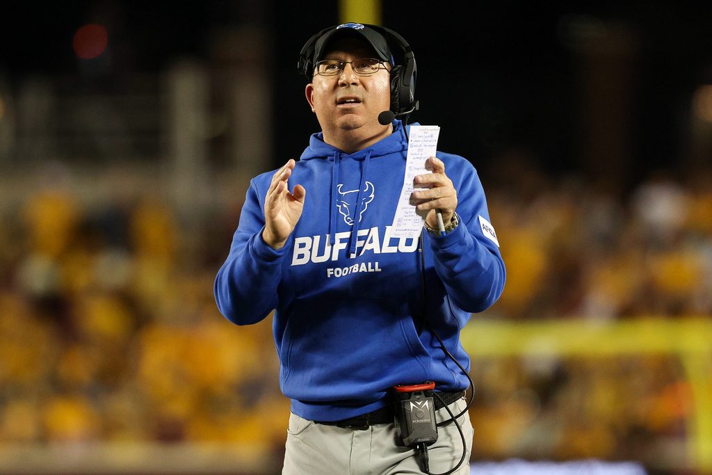 Aug 28, 2025; Minneapolis, Minnesota, USA; Buffalo Bulls head coach Pete Lembo looks on during the first half of the game against the Minnesota Golden Gophers at Huntington Bank Stadium. Mandatory Credit: Matt Krohn-Imagn Images
