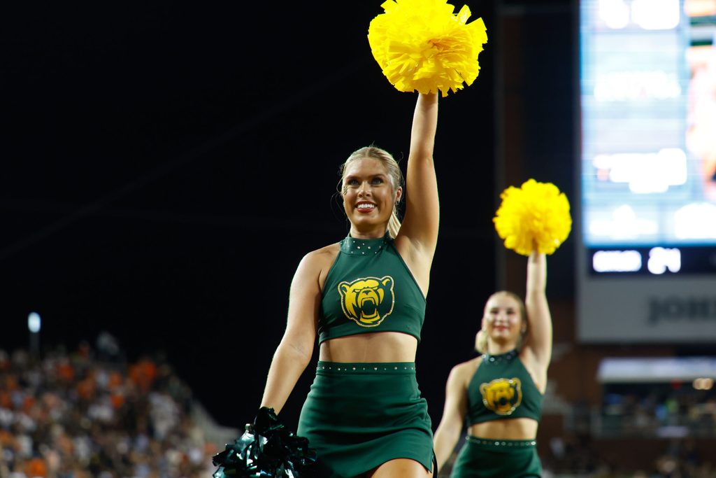 Aug 29, 2025; Waco, Texas, USA; Baylor cheerleaders perform during the second half against the Auburn Tigers at McLane Stadium. Mandatory Credit: Chris Jones-Imagn Images