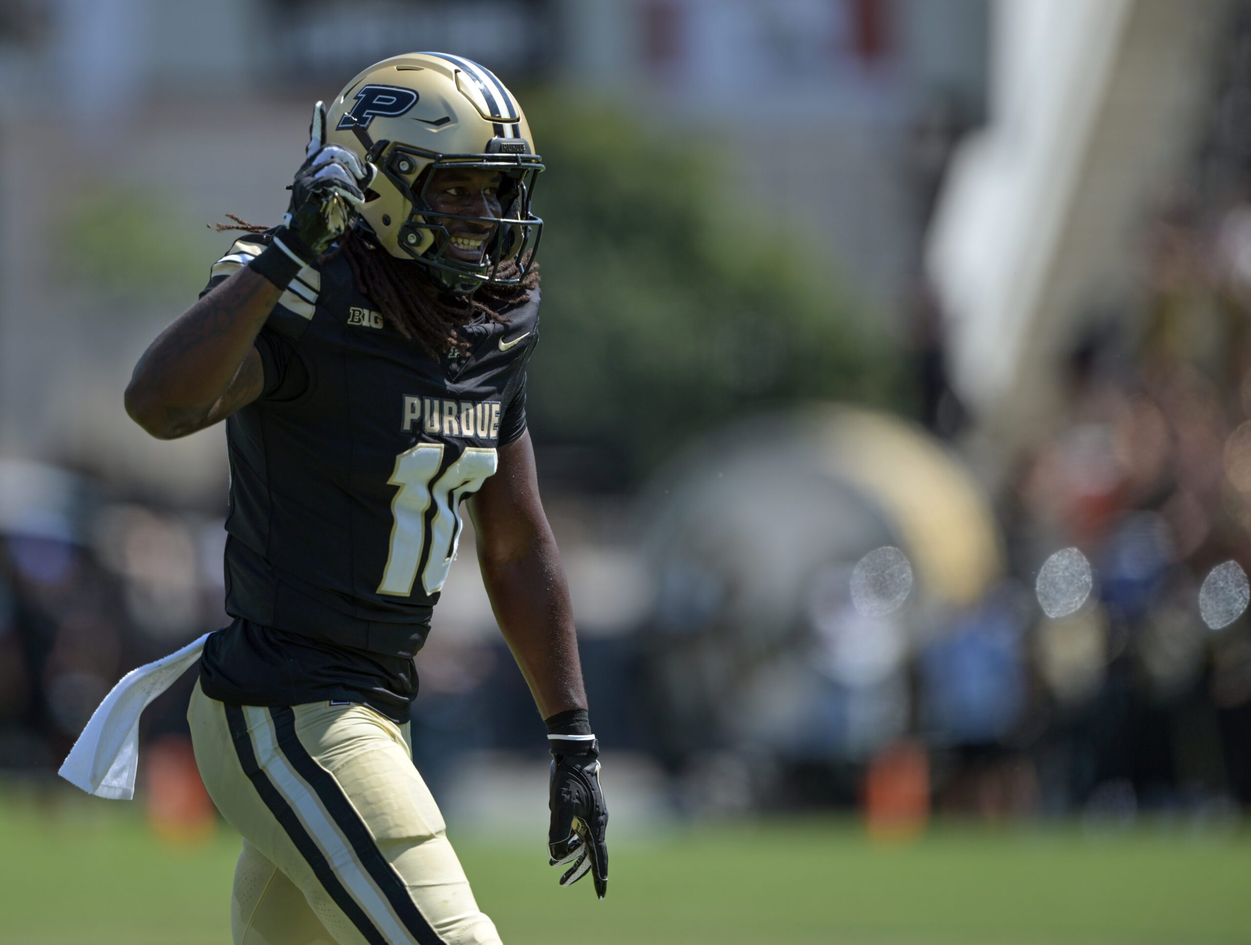 Aug 30, 2025; West Lafayette, Indiana, USA; Purdue Boilermakers linebacker Alex Sanford Jr. (10) celibates a sack during the second half against the Ball State Cardinals at Ross-Ade Stadium. Mandatory Credit: Marc Lebryk-Imagn Images