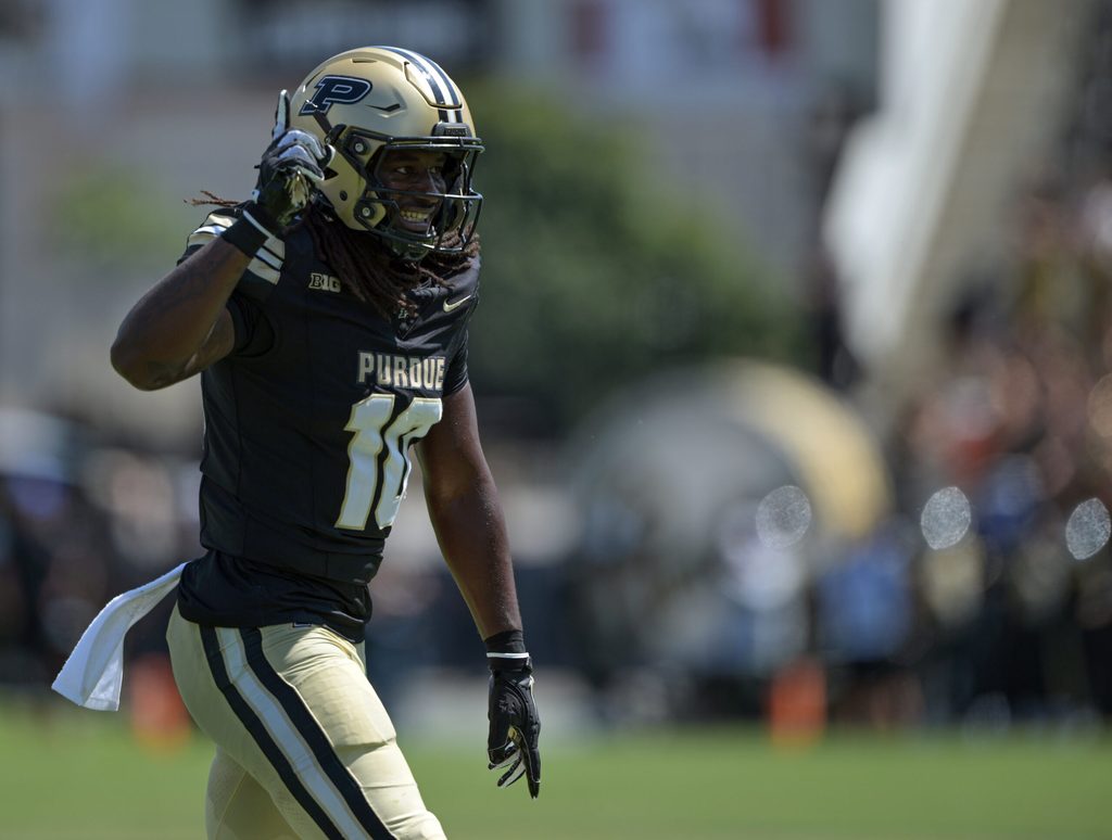Aug 30, 2025; West Lafayette, Indiana, USA; Purdue Boilermakers linebacker Alex Sanford Jr. (10) celibates a sack during the second half against the Ball State Cardinals at Ross-Ade Stadium. Mandatory Credit: Marc Lebryk-Imagn Images