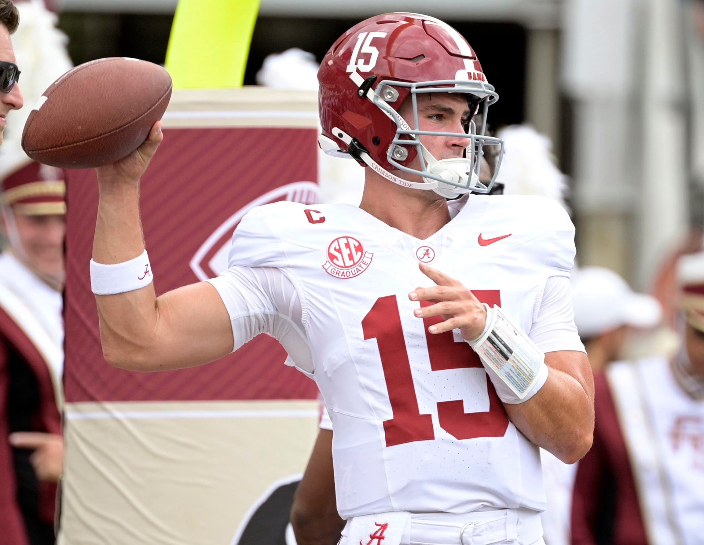 Aug 30, 2025; Tallahassee, Florida, USA;  Alabama Crimson Tide quarterback Ty Simpson (15) during warmups before the game between the Florida State Seminoles and the Alabama Crimson Tide at Doak S. Campbell Stadium. Mandatory Credit: Melina Myers-Imagn Images