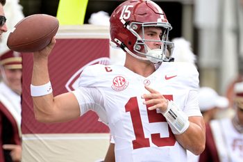 Aug 30, 2025; Tallahassee, Florida, USA;  Alabama Crimson Tide quarterback Ty Simpson (15) during warmups before the game between the Florida State Seminoles and the Alabama Crimson Tide at Doak S. Campbell Stadium. Mandatory Credit: Melina Myers-Imagn Images