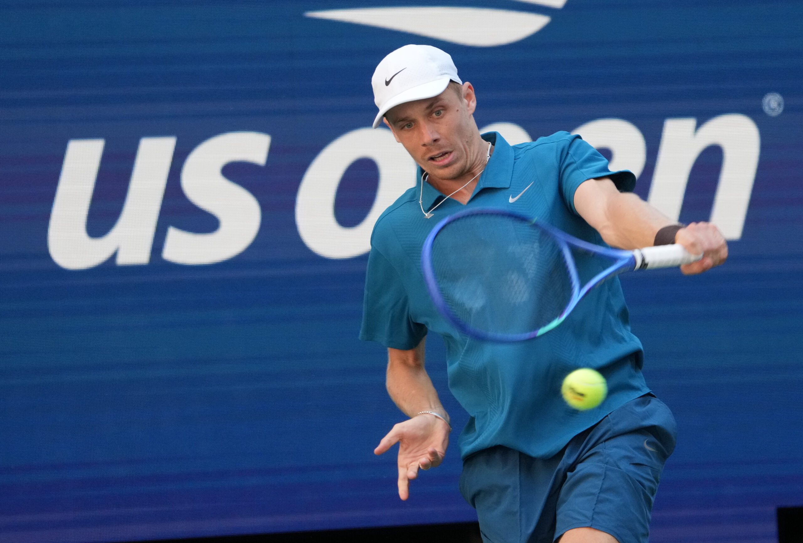 Aug 30, 2025; Flushing, NY, USA;  
Denis Shapovalov (CAN) hits to Jannik Sinner (ITA) (not pictured) on day seven of the 2025 U.S. Open tennis tournament at the USTA Billie Jean King National Tennis Center. Mandatory Credit: Robert Deutsch-Imagn Images