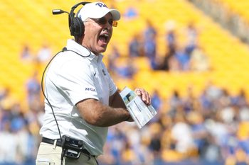 Aug 30, 2025; Pittsburgh, Pennsylvania, USA; Pittsburgh Panthers head coach Pat Narduzzi reacts on the sidelines against the Duquesne Dukes during the fourth quarter at Acrisure Stadium. Mandatory Credit: Charles LeClaire-Imagn Images
