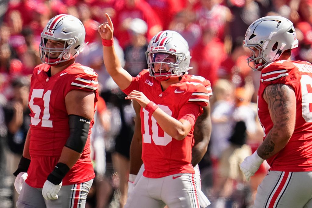 Ohio State Buckeyes quarterback Julian Sayin (10) celebrates during the second half of the NCAA football game against the Texas Longhorns at Ohio Stadium on Aug. 30, 2025. Ohio State won 14-7.