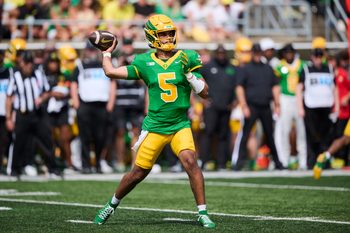 Aug 30, 2025; Eugene, Oregon, USA; Oregon Ducks quarterback Dante Moore (5) throws the football during the second half against the Montana State Bobcats at Autzen Stadium. Mandatory Credit: Troy Wayrynen-Imagn Images