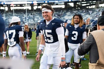 Penn State quarterback Drew Allar (15) laughs following a 46-11 win against Nevada, Saturday, August 30, 2025, in State College, Pa.