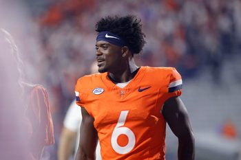 Aug 30, 2025; Charlottesville, Virginia, USA; Virginia Cavaliers wide receiver Cam Ross (6) looks on from the field after defeating the Coastal Carolina Chanticleers at Scott Stadium. Mandatory Credit: Amber Searls-Imagn Images