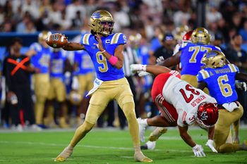Aug 30, 2025; Pasadena, California, USA;  UCLA Bruins quarterback Nico Iamaleava (9) throws against the against the Utah Utes during the first half at the Rose Bowl. Mandatory Credit: Gary A. Vasquez-Imagn Images