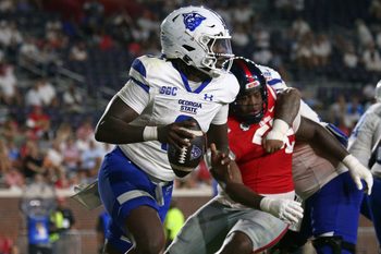 Aug 30, 2025; Oxford, Mississippi, USA; Georgia State Panthers quarterback Cameran Brown (8) scrambles during the fourth quarter against the Mississippi Rebels at Vaught-Hemingway Stadium. Mandatory Credit: Petre Thomas-Imagn Images
