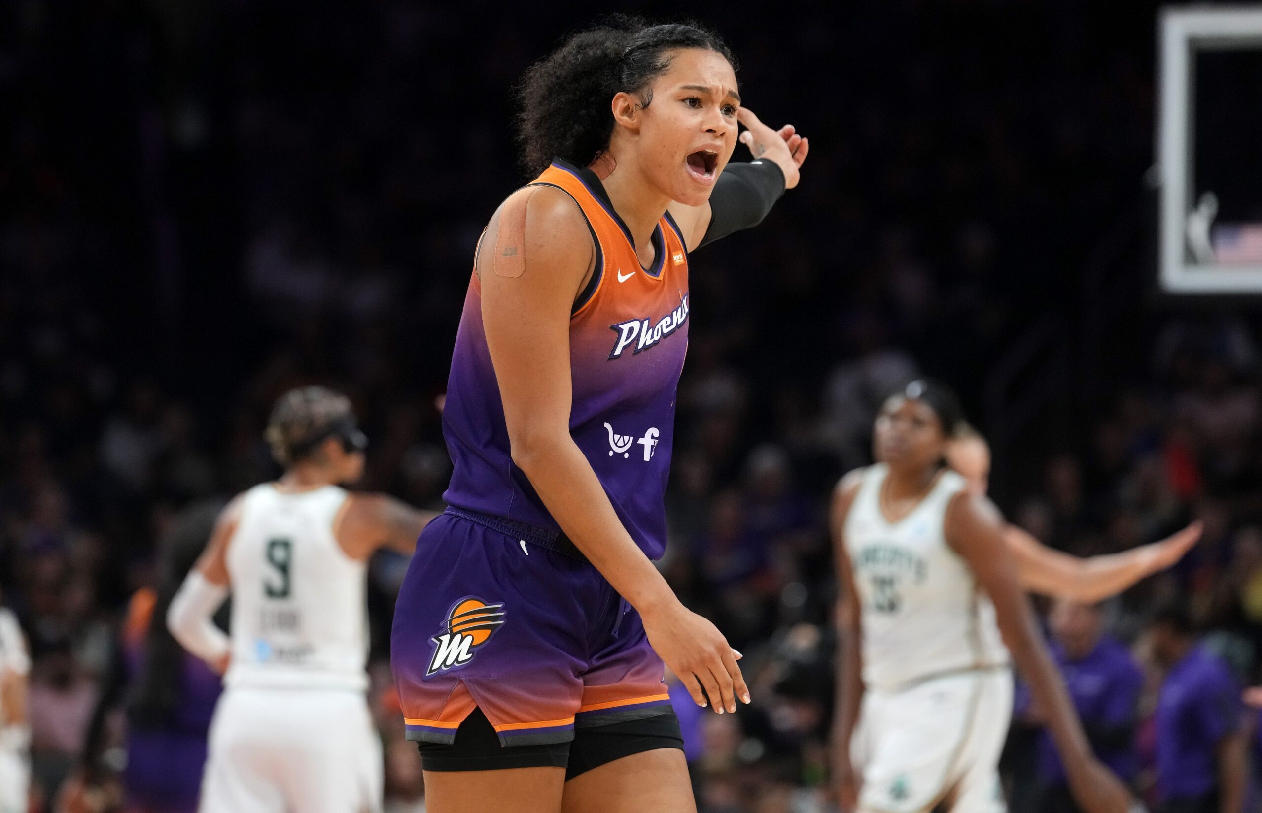 Mercury forward Satou Sabally (0) yells out to the referee as they play the New York Liberty at PHX Arena on Aug 30, 2025, in Phoenix.